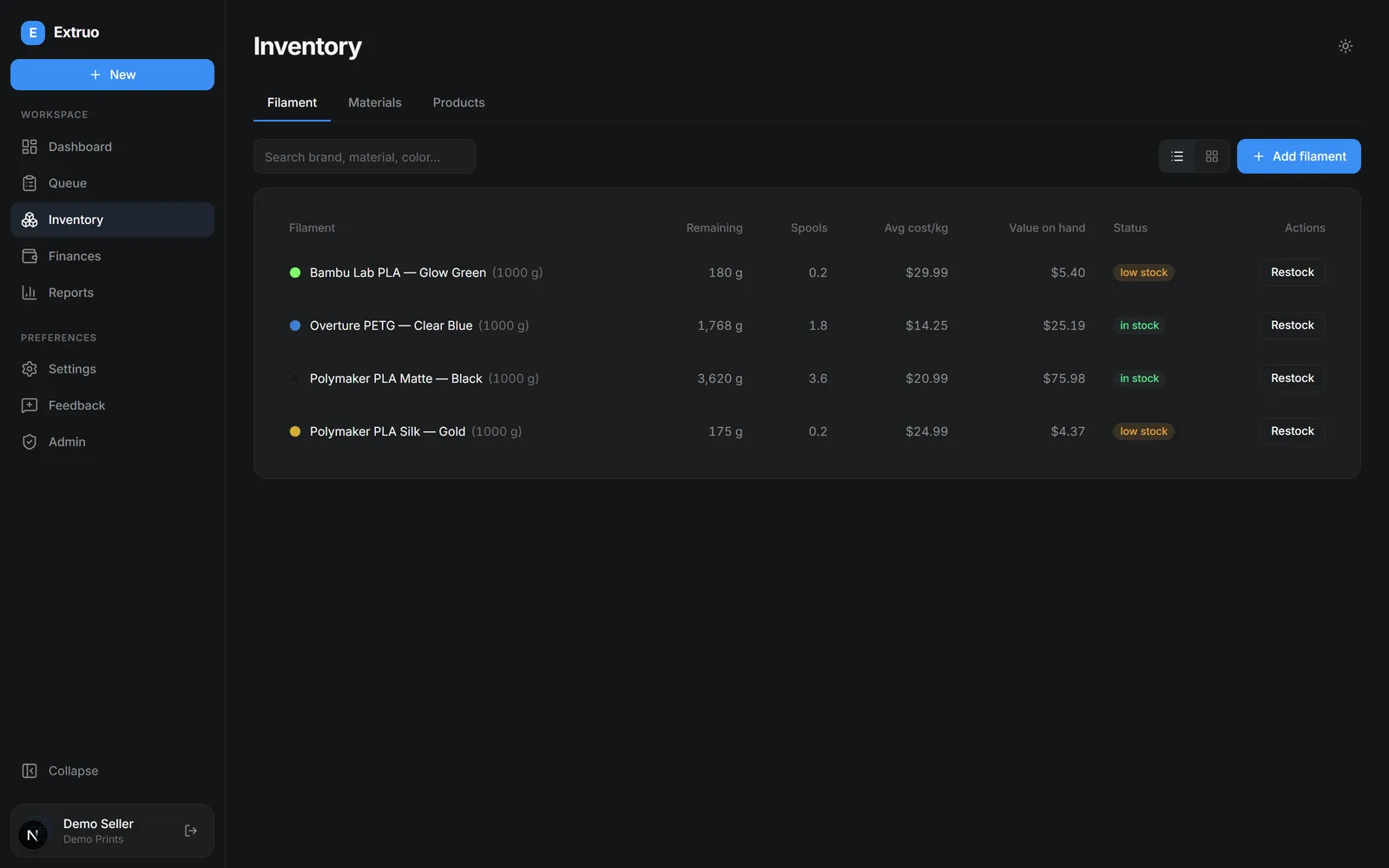 Filament inventory in Extruo
