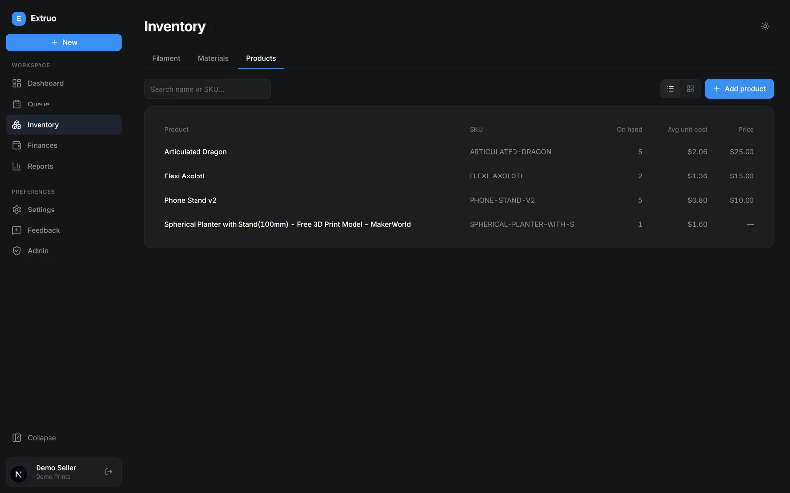 Product inventory in Extruo